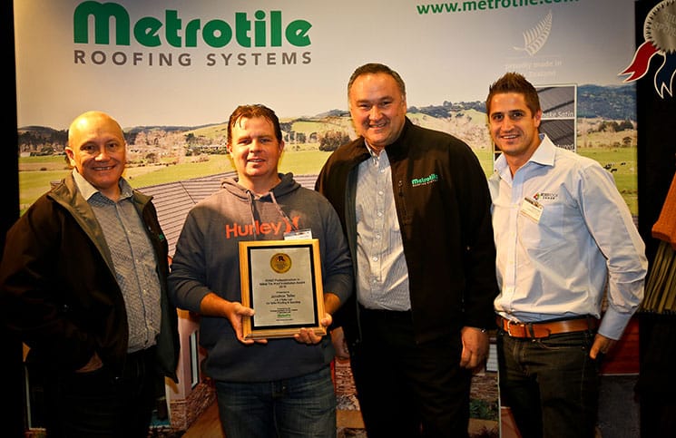 Jonathon Telfer (second left) of Telfers Roofing, KeriKeri winner of the 2016 RANZ Professionalism in Metal Tile Installation Award, pictured with Rob Lawson, Harry Boxall and Vaughan Holdt of sponsors Metrotile.