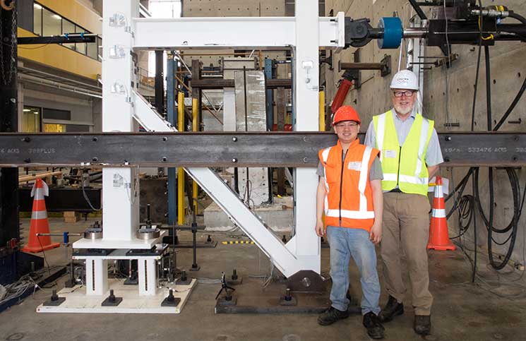 Bottom storey frame for use in Centralised Rocking Concentrically Braced Frames (CRCBFs), developed by Gary Djojo (L) and Charles Clifton (R).